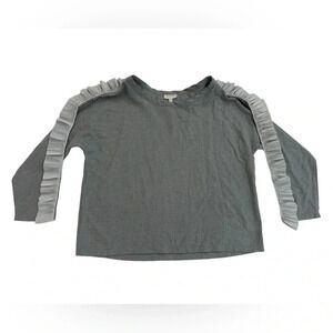 Koch Blouse Women’s Long Sleeve Ribbon Back Ruffle Trim Grey Size Medium EUC